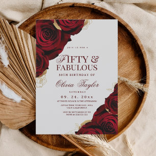 Fifty and Fabulous Elegant Red Rose 50th Birthday Invitation