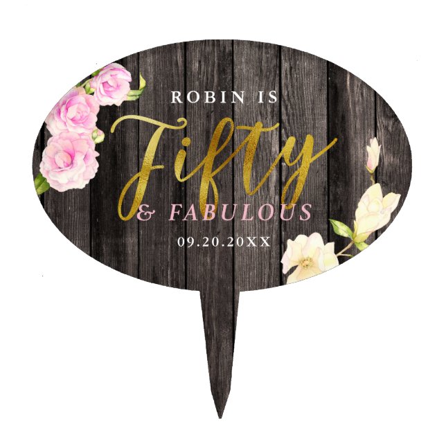 Fifty and Fabulous Elegant Watercolor Floral Cake Topper (Front)