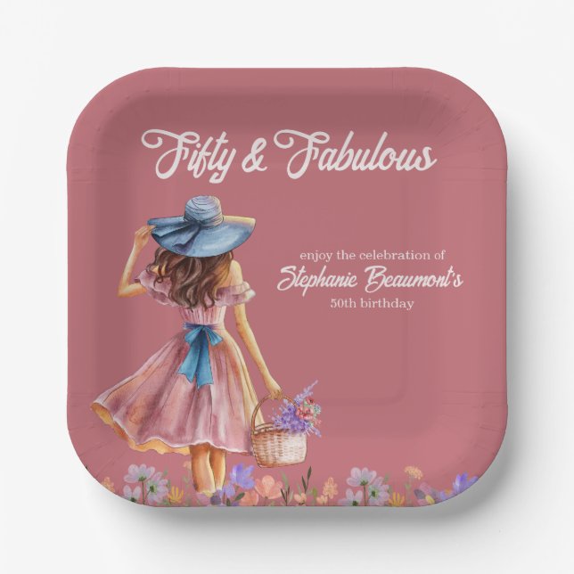 Fifty and Fabulous Elegant Woman's 50th Birthday Paper Plates (Front)