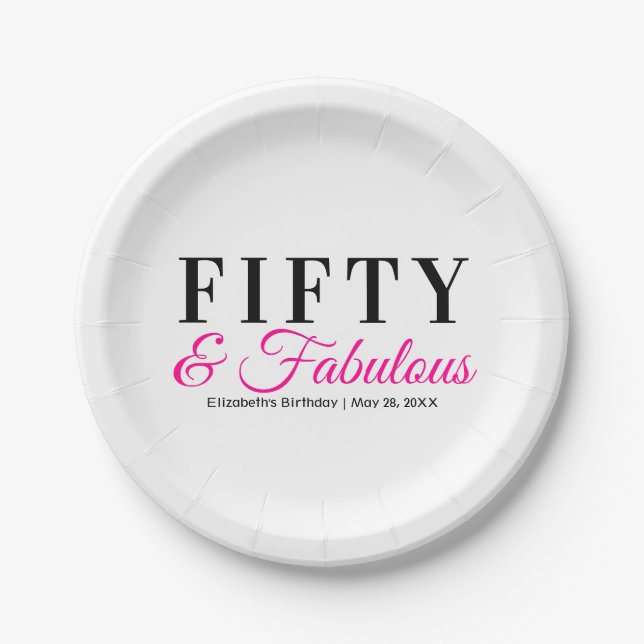 Fifty and Fabulous Fancy Hot Pink 50th Birthday Paper Plates (Front)