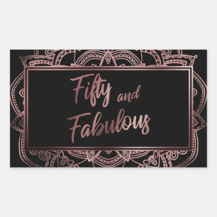 Fifty and Fabulous Faux Rose Gold Mandala on Black Rectangular Sticker