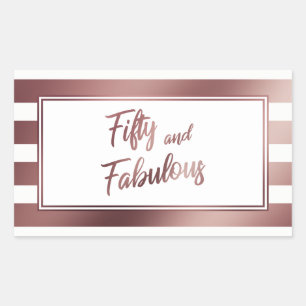 Fifty and Fabulous Faux Rose Gold & White Stripes Rectangular Sticker