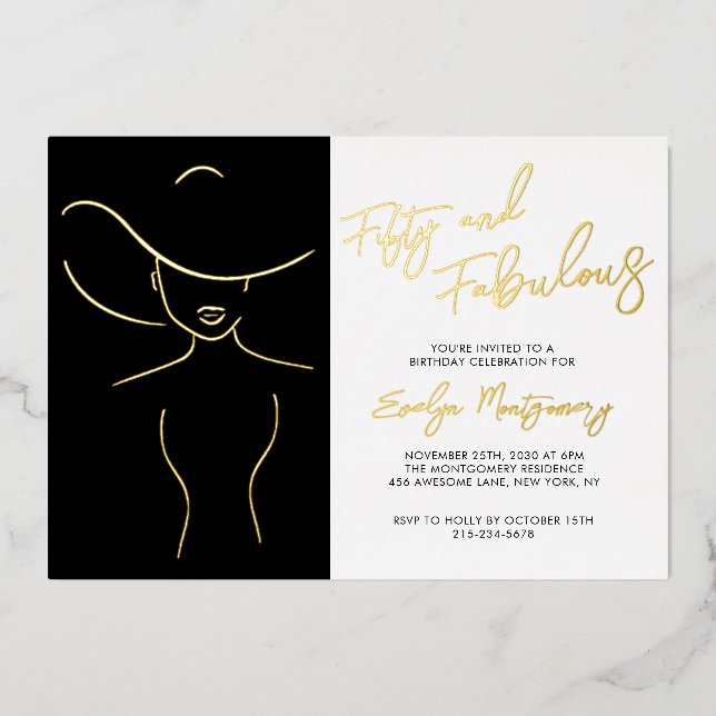 Fifty and Fabulous Foil Line Art Birthday Party  Foil Invitation (Front)