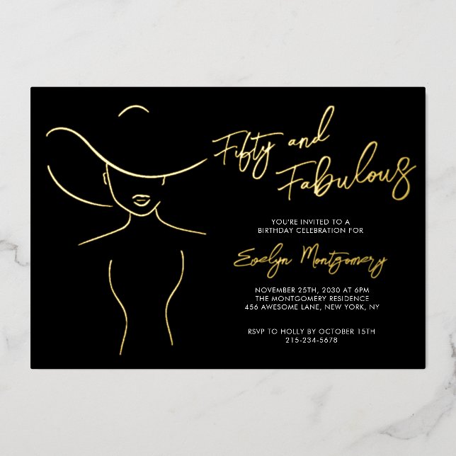 Fifty and Fabulous Foil Line Art Birthday Party  Invitation (Front)