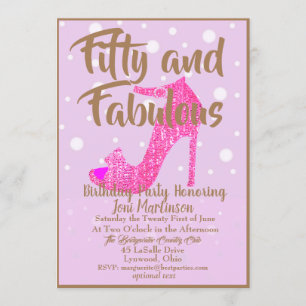 Fifty and Fabulous GirlySparkly Hot Pink Gold Text Invitation