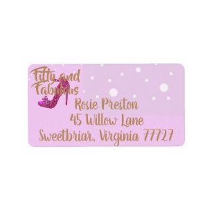 Fifty and Fabulous GirlySparkly Hot Pink Gold Text Label