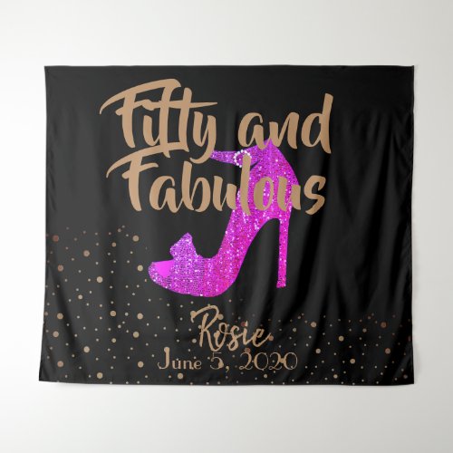 Fifty and Fabulous GirlySparkly Hot Pink Gold Text Tapestry
