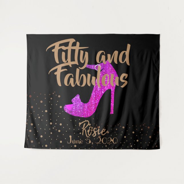 Fifty and Fabulous GirlySparkly Hot Pink Gold Text Tapestry (Front (Horizontal))