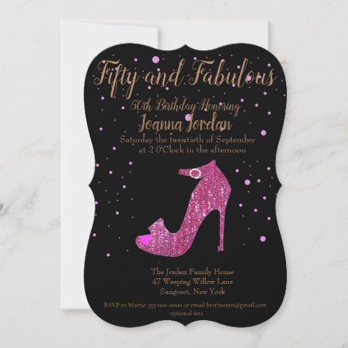 Fifty and Fabulous GirlySparkly Hot Pink Shoe Text Invitation
