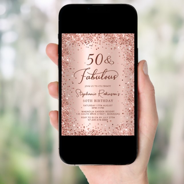 Fifty and Fabulous Glam Rose Gold 50th Birthday  Invitation (Front Digital)