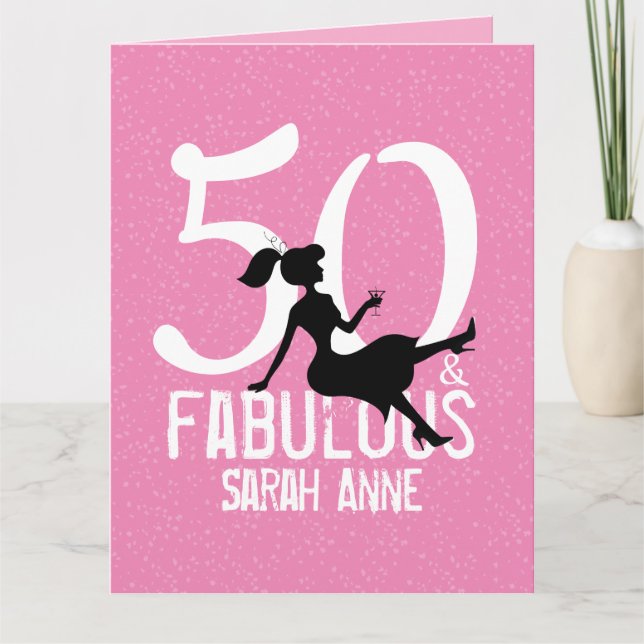 Fifty and Fabulous Glamorous Pink Modern Birthday Card (Front)