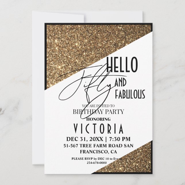 Fifty and Fabulous Gold Birthday Party Invitation (Front)