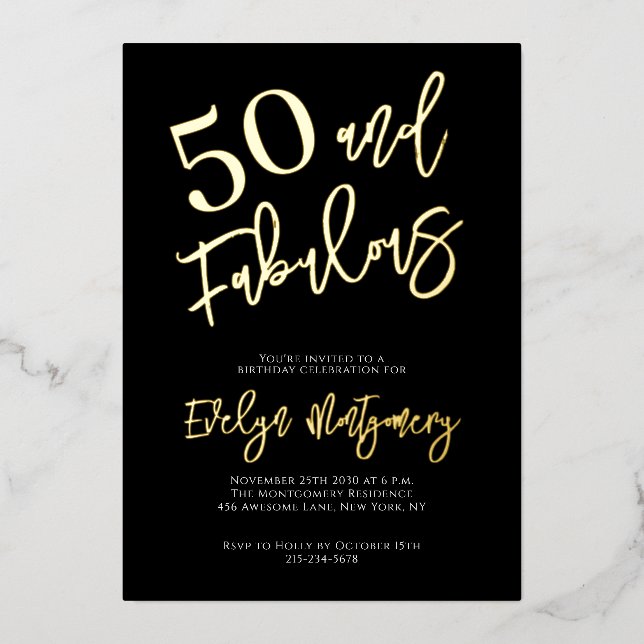 Fifty and Fabulous Gold Black 50th Birthday Party  Foil Invitation (Front)