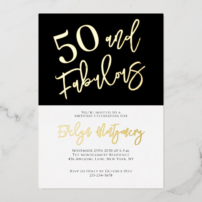 Fifty and Fabulous Gold Black 50th Birthday Party  Foil Invitation (Front)