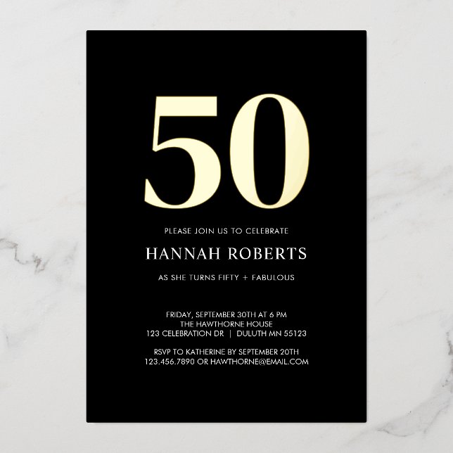 Fifty and Fabulous Gold Black 50th Birthday Party Foil Invitation (Front)