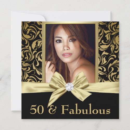 Fifty and Fabulous gold black damask 50th Birthday Invitation