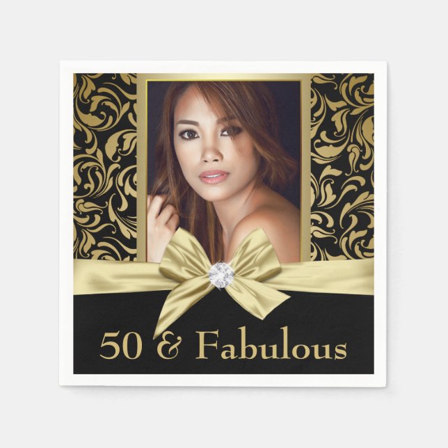 Fifty and Fabulous gold black damask 50th Birthday Napkins (Front)