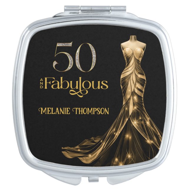 Fifty and Fabulous Gold Dress Black 50th Birthday Compact Mirror (Front)