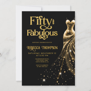 Fifty and Fabulous Gold Dress Black 50th Birthday Invitation