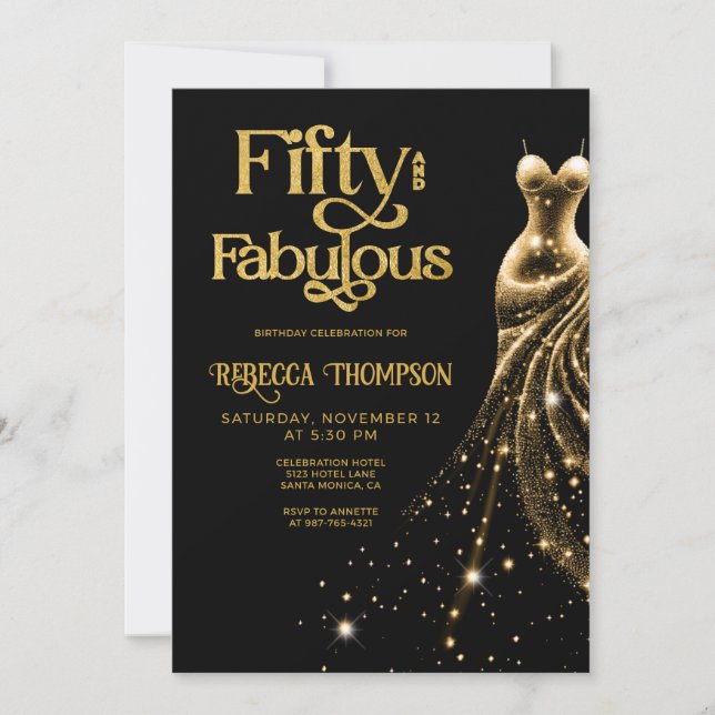Fifty and Fabulous Gold Dress Black 50th Birthday Invitation (Front)
