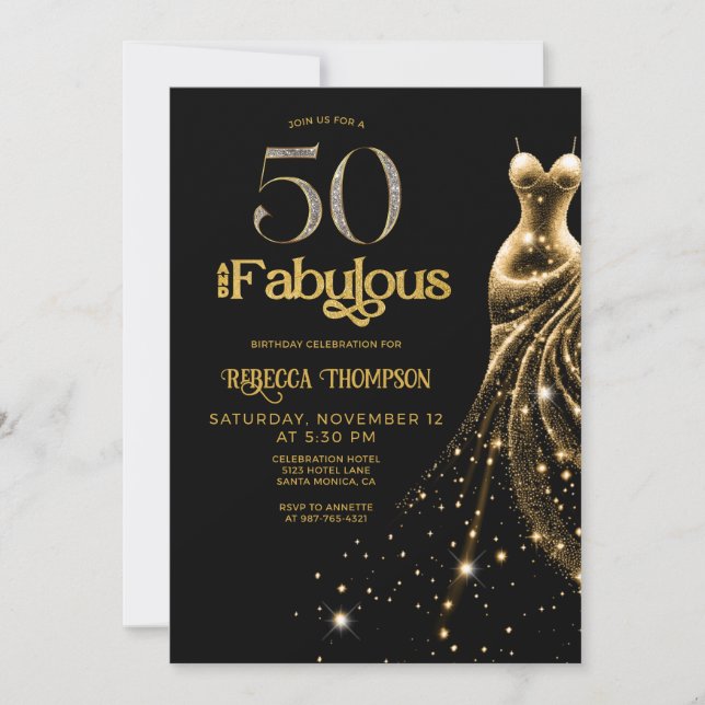 Fifty and Fabulous Gold Dress Black 50th Birthday Invitation (Front)