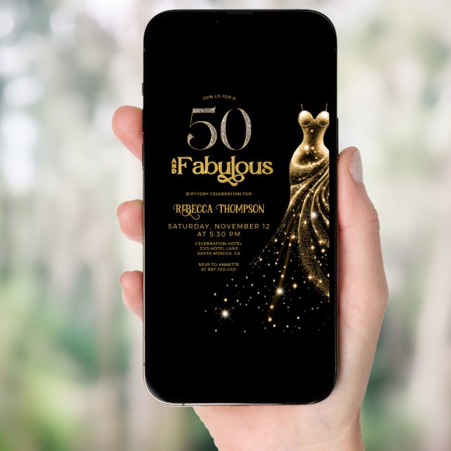 Fifty and Fabulous Gold Dress Black 50th Birthday Invitation (Front Digital)