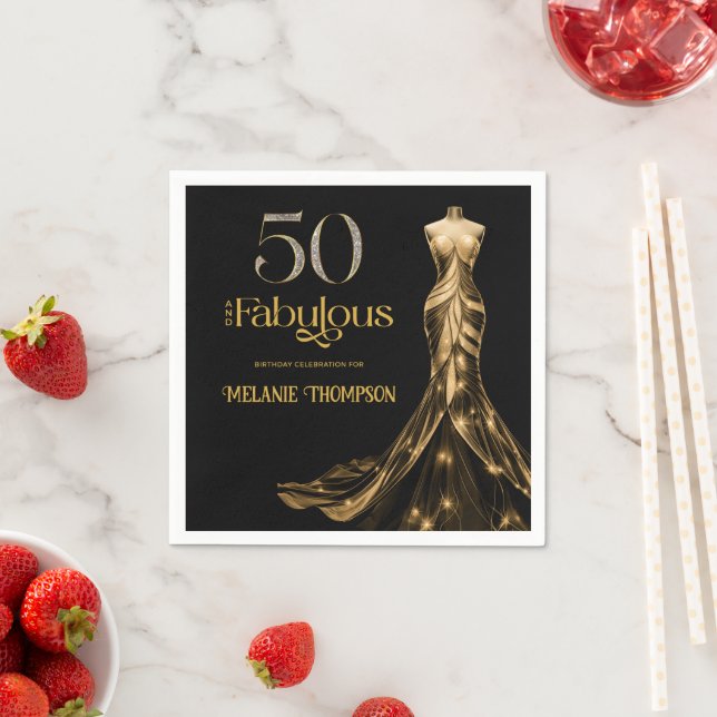 Fifty and Fabulous Gold Dress Black 50th Birthday Napkins (Insitu)