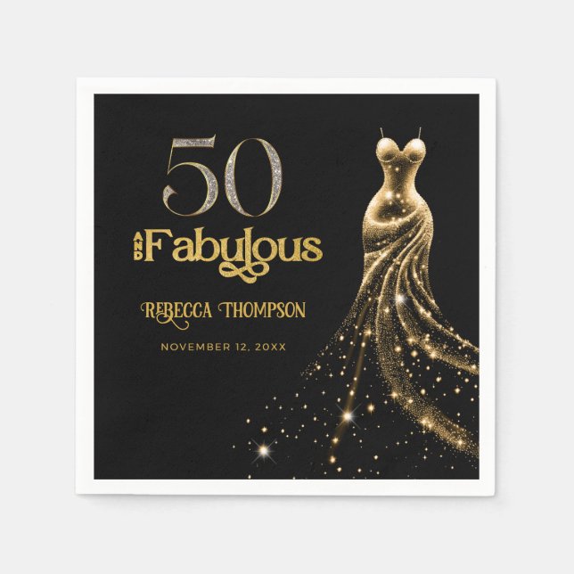 Fifty and Fabulous Gold Dress Black 50th Birthday Napkins (Front)