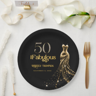 Fifty and Fabulous Gold Dress Black 50th Birthday Paper Plates