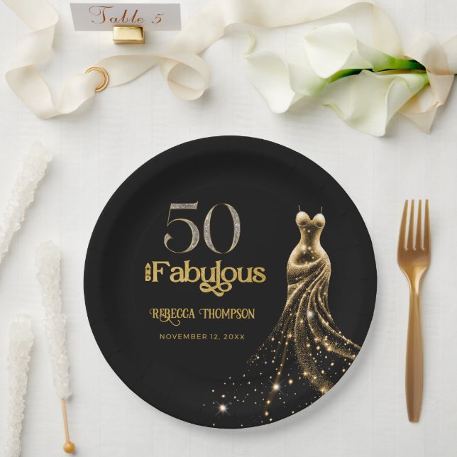 Fifty and Fabulous Gold Dress Black 50th Birthday Paper Plates (Wedding)