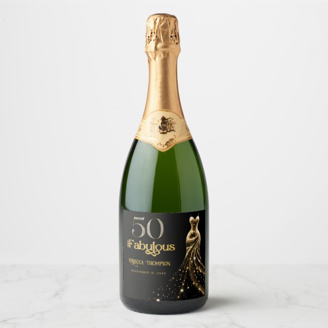 Fifty and Fabulous Gold Dress Black 50th Birthday Sparkling Wine Label (Front)