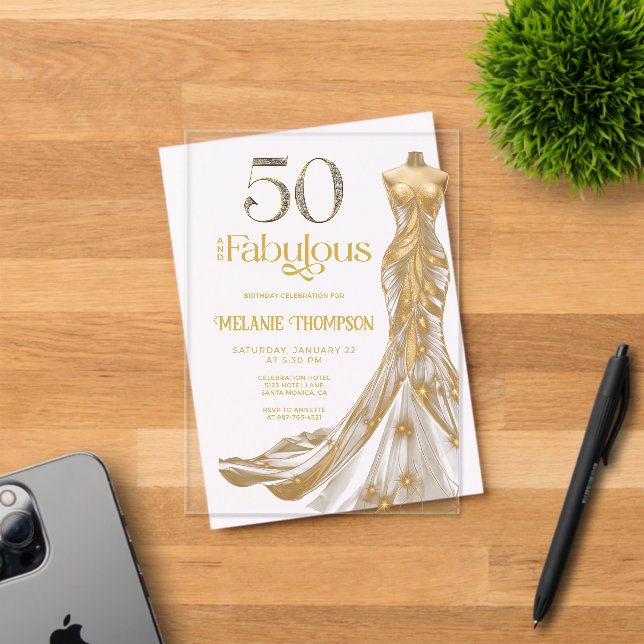 Fifty and Fabulous Gold Dress Photo 50th Birthday Acrylic Invitations (Insitu (Invitation Card))