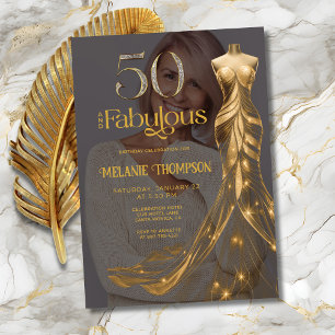 Fifty and Fabulous Gold Dress Photo 50th Birthday Invitation