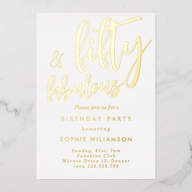 Fifty and fabulous gold foiled birthday  foil invitation (Front)
