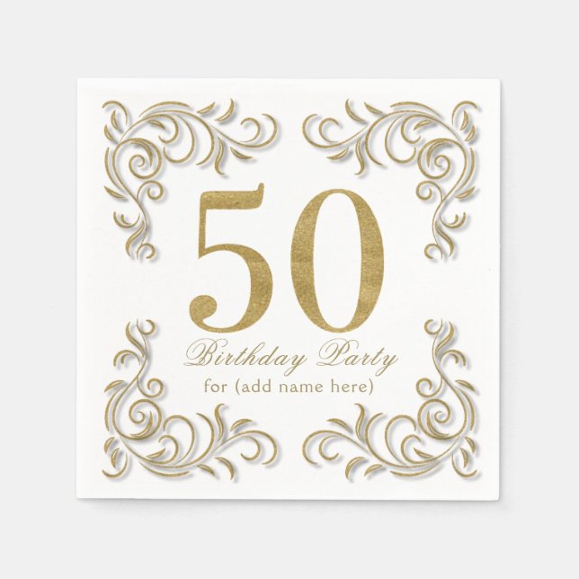 Fifty and fabulous gold glitter birthday party napkins (Front)