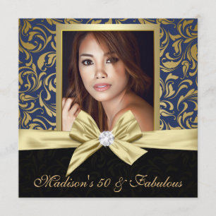 Fifty and Fabulous gold navy damask 50th Birthday Invitation