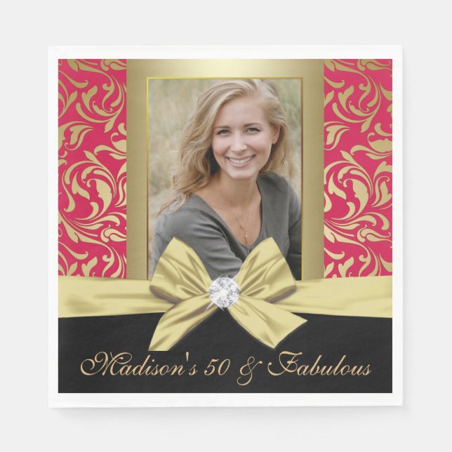 Fifty and Fabulous gold red damask 50th Birthday Napkins (Front)