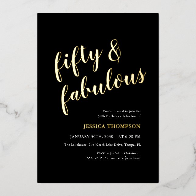 Fifty and Fabulous Gold Script 50th Birthday Foil Invitation (Front)