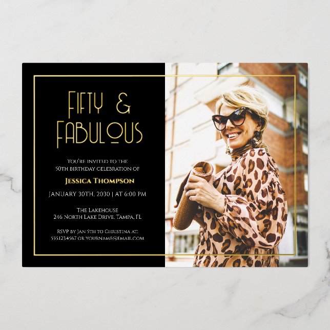 Fifty and Fabulous Gold Text Photo 50th Birthday Foil Invitation (Front)
