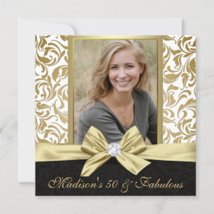 Fifty and Fabulous gold white damask 50th Birthday Invitation