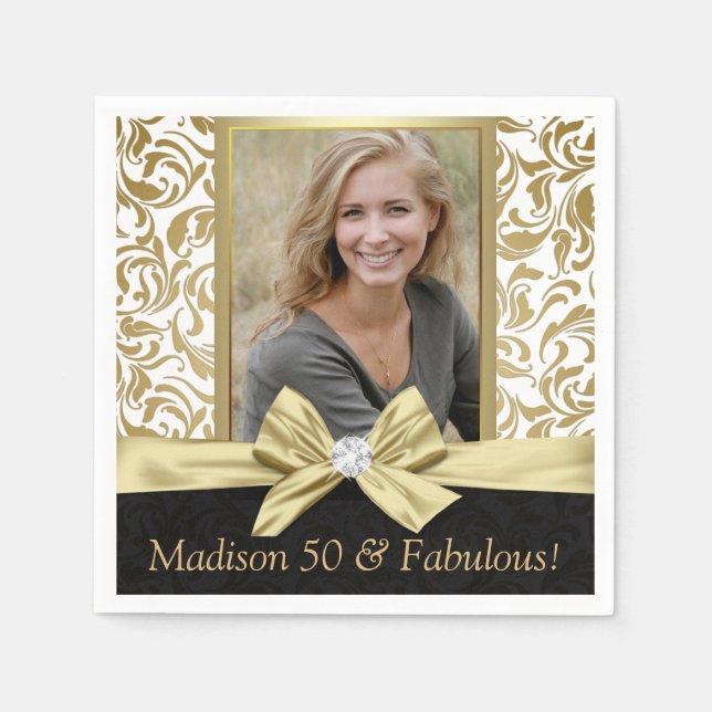 Fifty and Fabulous gold white damask 50th Birthday Napkins (Front)