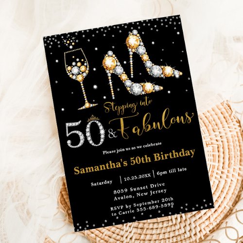 Fifty and Fabulous High Heels Bubbly 50th Birthday Invitation
