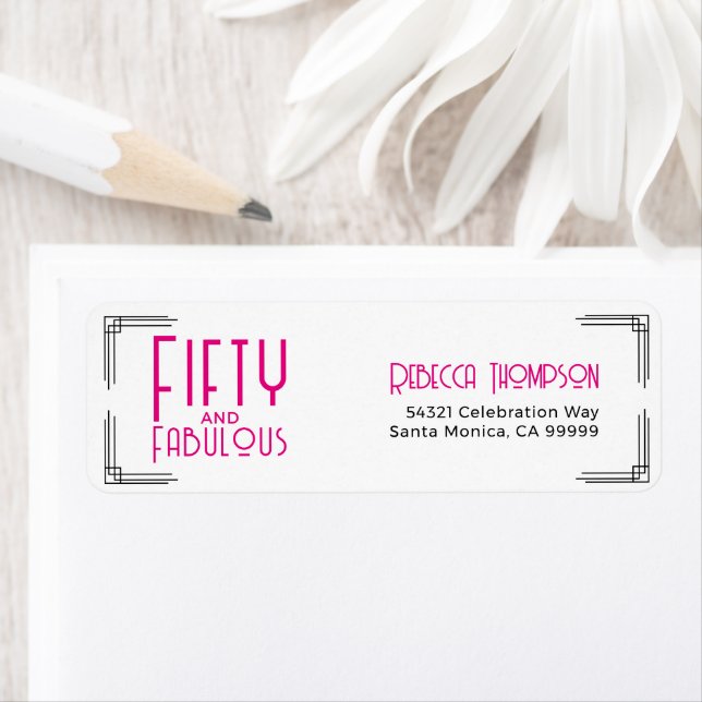 Fifty and Fabulous Hot Pink Art Deco 50th Birthday Label (Insitu)
