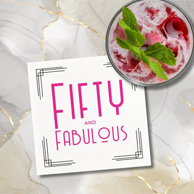 Fifty and Fabulous Hot Pink Art Deco 50th Birthday Napkins (Fifty and Fabulous Hot Pink Art Deco 50th Birthday Napkins with Black and White Art Deco Corners.)