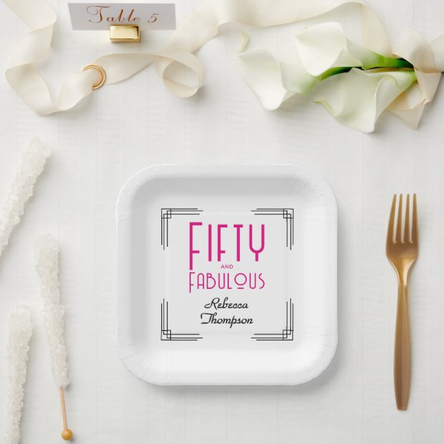 Fifty and Fabulous Hot Pink Art Deco 50th Birthday Paper Plates (Wedding)