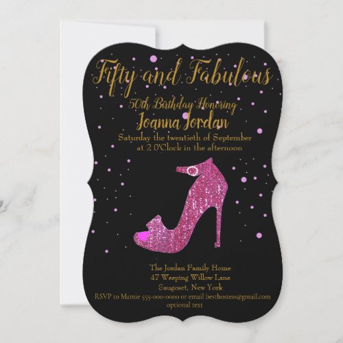 Fifty and Fabulous Hot Pink Sparkly Shoe Text  Invitation