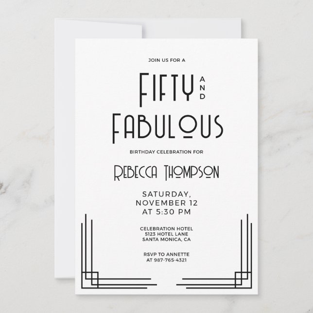 Fifty and Fabulous Modern Art Deco 50th Birthday Invitation (Front)