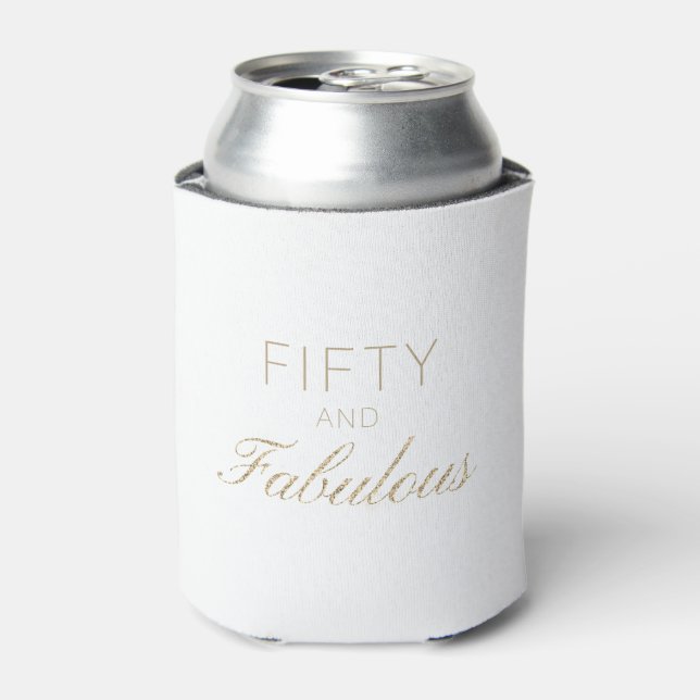 Fifty and Fabulous Modern Gold White Faux Glitter Can Cooler (Can Front)