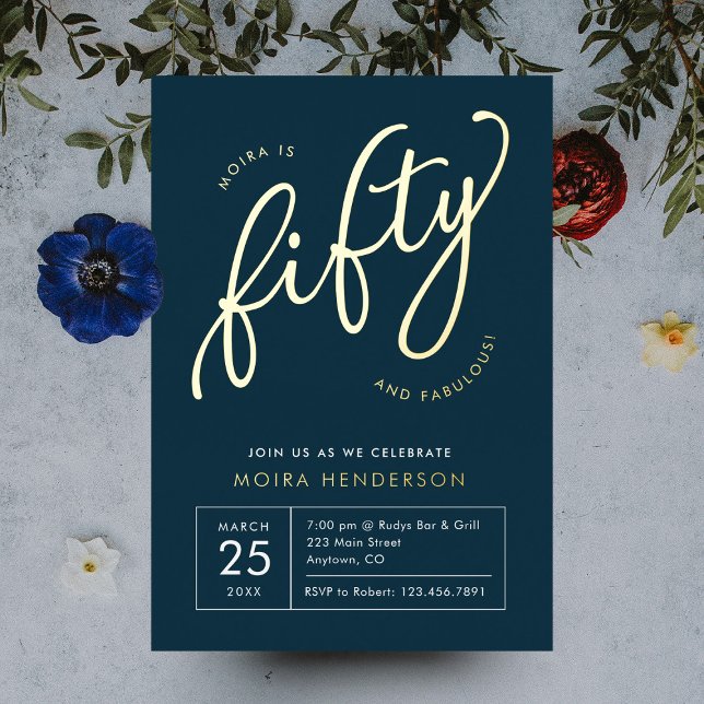Fifty and Fabulous Modern Navy 50th Birthday Gold Foil Invitation (50 and fabulous navy blue gold foil modern minimal fifty birthday party invitation)