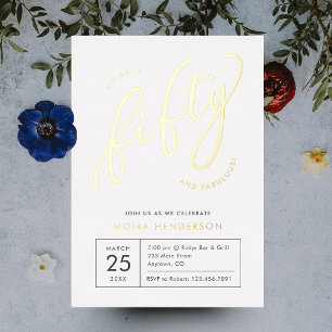 Fifty and Fabulous Modern White 50th Birthday Gold Foil Invitation